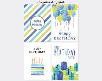 Printable Birthday Cards for Him, Instant Download PDF Watercolour Cards, Pack of 4, 5x7, Cut and Fold