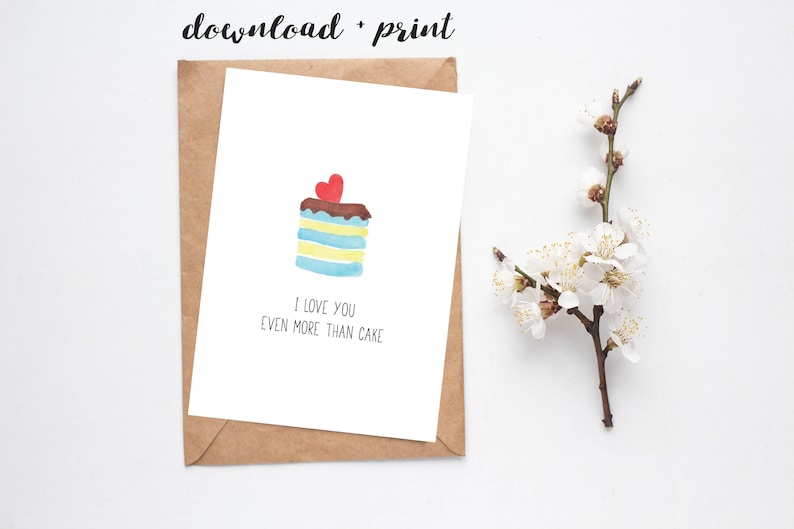 Printable Funny Valentine's Card Download, Watercolour Cake I Love You Card for Him, 5x7 image 1