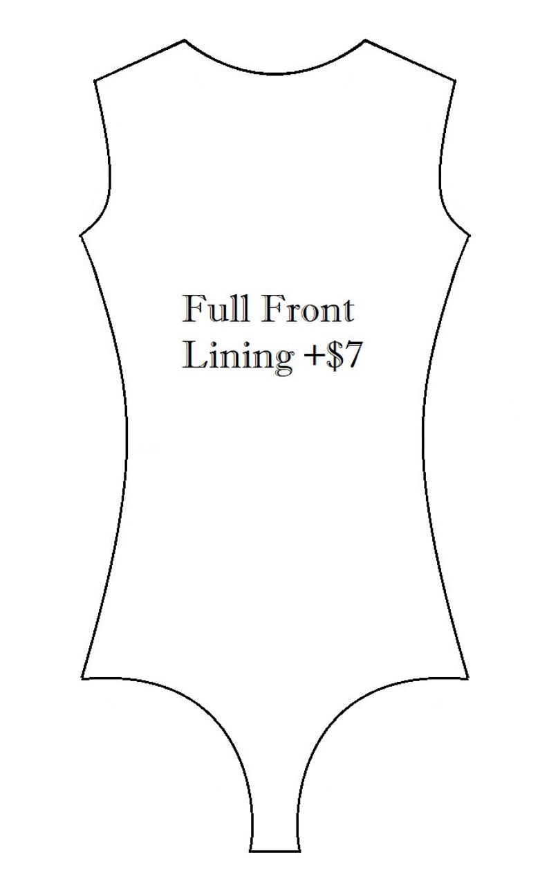 May include: A white outline of a bodysuit with a scoop neck and a low back. The text "Full Front Lining +$7" is printed in the center of the bodysuit outline.
