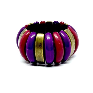 Chunky  vintage multi coloured  lucite plastic bracelet, purple red brass beaded bracelet statement stretch bangle, gifts for her