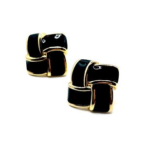 1980’s vintage clip on earrings, gold tone black enamel clip on earrings, square patterned statement earrings, gifts for her