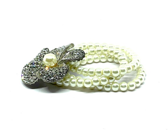 Faux pearl beaded vintage bracelet, 1980’s diaman… - image 4