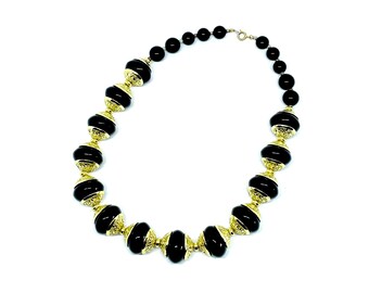 1980’s vintage beaded necklace, black gold beaded boho necklace, plastic beaded chunky statement necklace, gifts for her