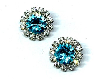 Silver tone vintage earrings, 1980’s vintage blue rhinestone and dianante earrings, circular clip on earrings, gifts for her