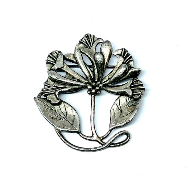 MPSJ signed vintage brooch, pewter  flower brooch, 1980’s silver pewter brooch, gifts for her