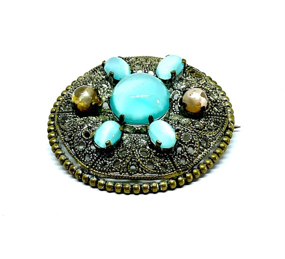 Ornate  silver tone brooch,  blue filigree Czech … - image 2