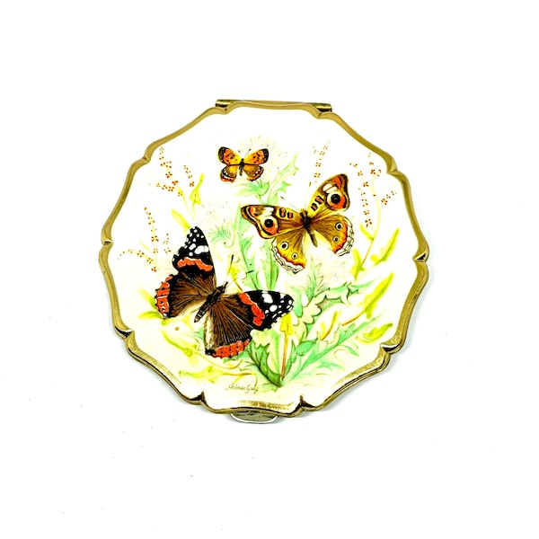 Miroir compact circulaire vintage signé Stratton vers 1960, miroir poudré papillon fleur émaillé doré, cadeaux pour elle