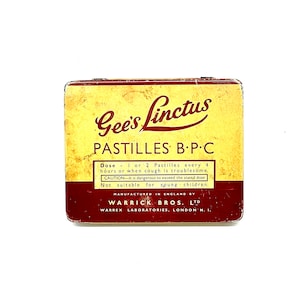 Gee’s Linctus pastilles B.P.C tin, 1950’s vintage hinged metal tin, collectors tin, home decor
