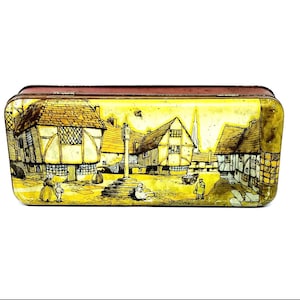 Old village scene tin, 1960’s vintage long metal hinged biscuit tin, collectors tin, home drcor