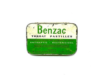 Benzac throat pastilles tin, 1960’s vintage tin by Wigglesworth Limited, collectors tin, home decor