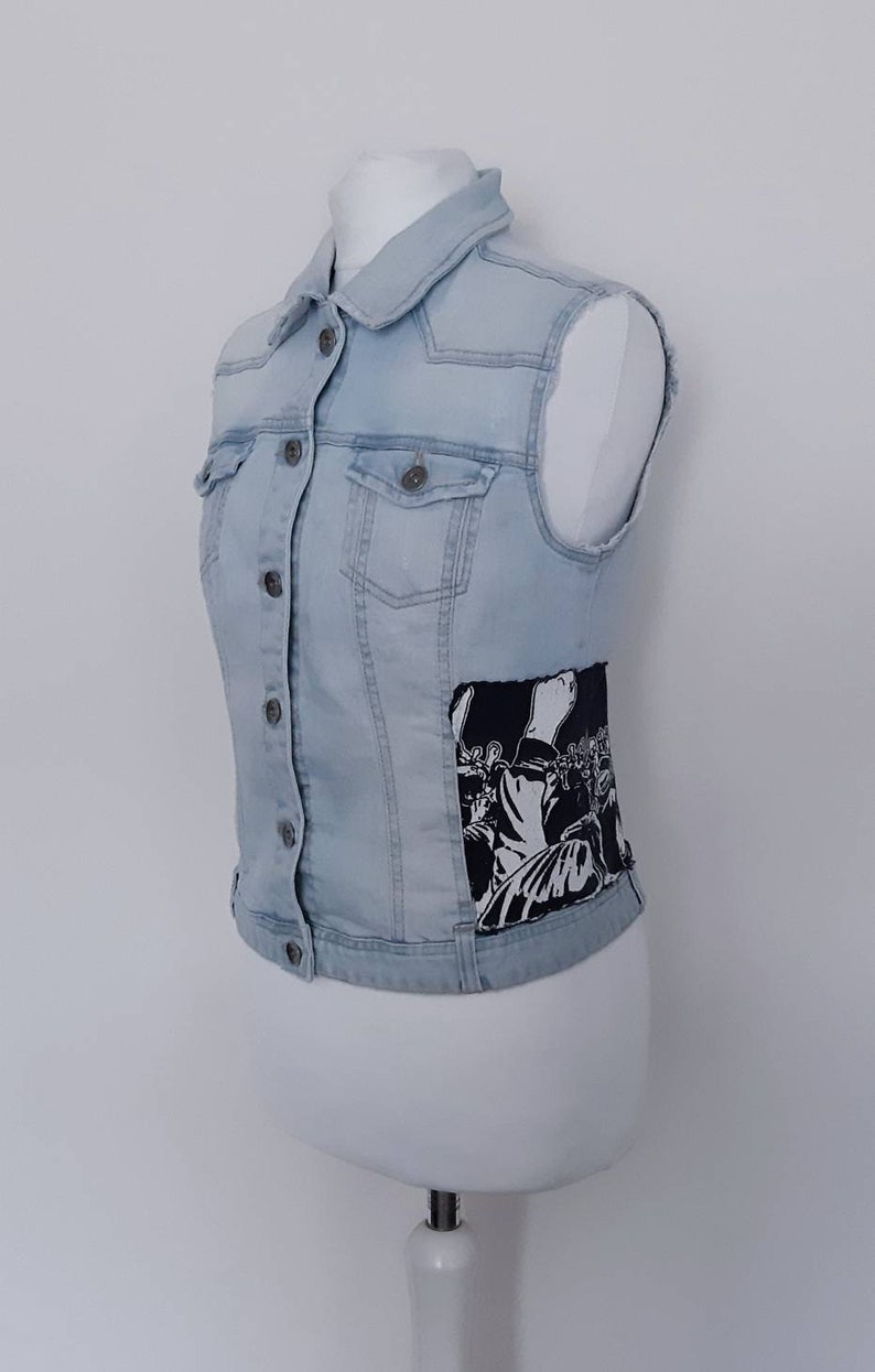Pimki 1980/'s vintage light blue denimjean vest jacket UK12 US8 EU38