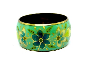 Vintage brass tone green enamel bangle, wide blue green flower bangle/bracelet