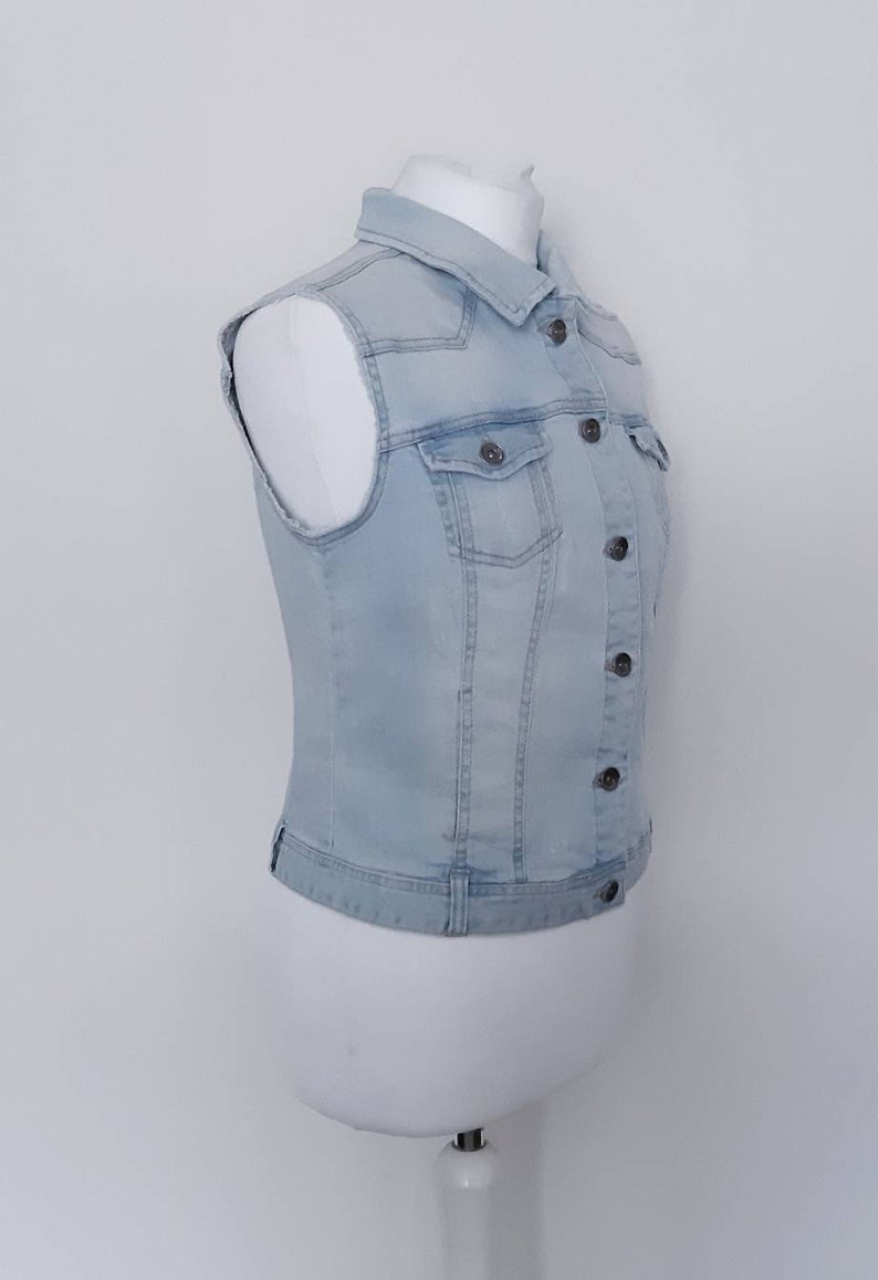 Pimki 1980/'s vintage light blue denimjean vest jacket UK12 US8 EU38
