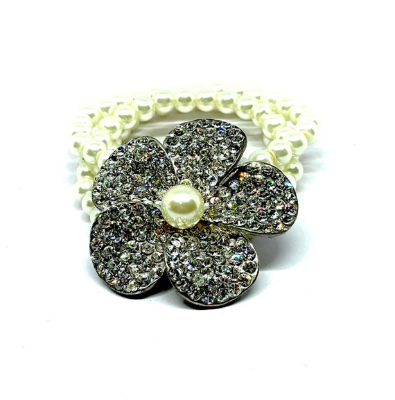Faux pearl beaded vintage bracelet, 1980’s diaman… - image 2