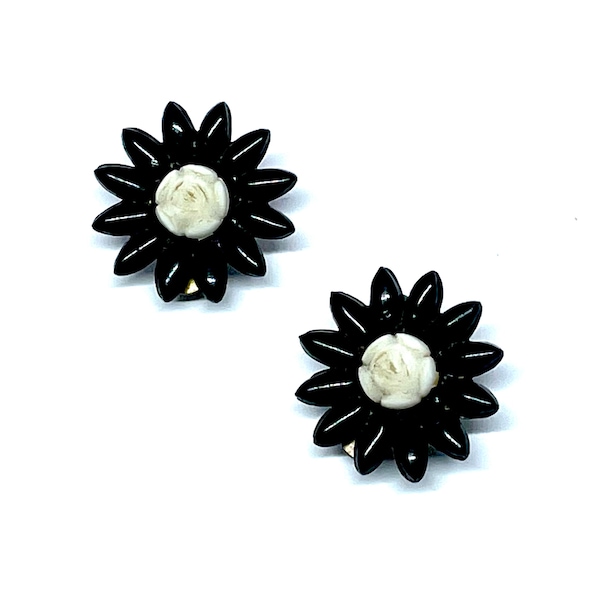 Early plastic vintage flower earrings, 1960’s vintage clip on earrings, celluloid black and white rose flower earrings, gifts for her