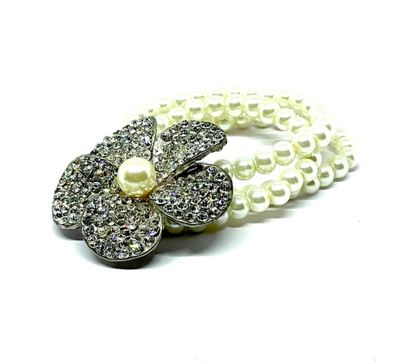 Faux pearl beaded vintage bracelet, 1980’s diaman… - image 3