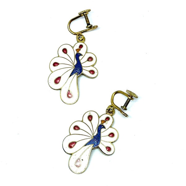 Cloisonné vintage peacock earrings, gold tone white blue and red peacock earrings, dangly screw back earrings, gifts for her