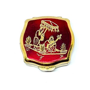 Stratton 1960’s vintage pill box, red gold enamel oriental metal box, hinged lid pill case, gifts for her