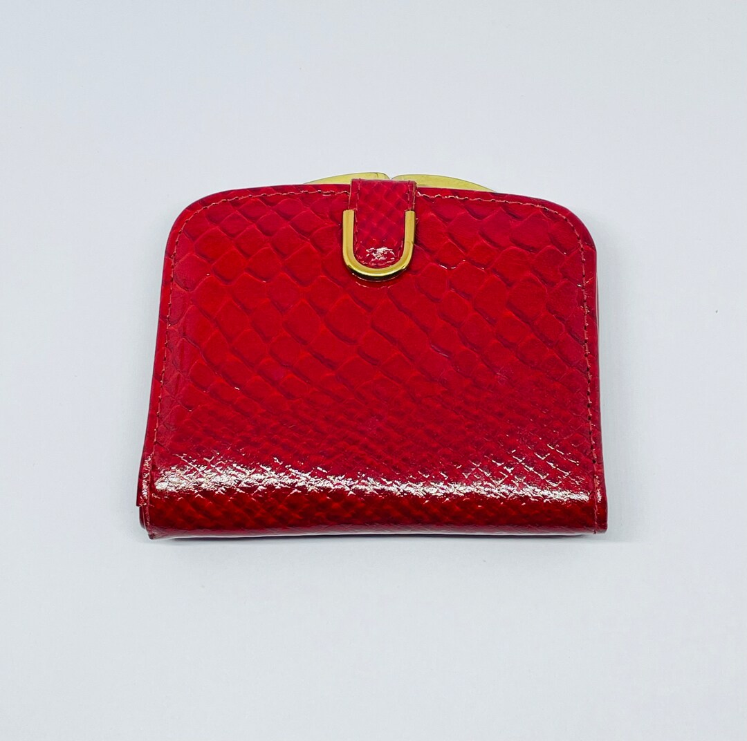 Small Red 1980s Vintage Leather Purse, Gold Tone Framed Coin Purse