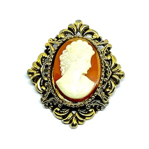 Vintage gold tone cameo scarf clip, 1980’s vintage oval framed metal scarf clip, gifts for her