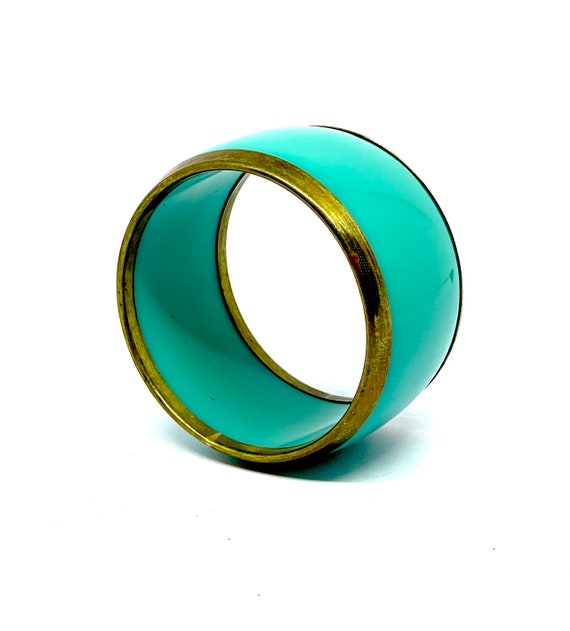 Turquoise/blue enamel and brass vintage bangle, 1… - image 2