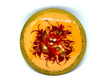 Hand Painted Wooden Russian brooch, Signed 1980’s/1990’s Vintage round Brooch, orange brown floral painted lacquered brooch, gifts for her