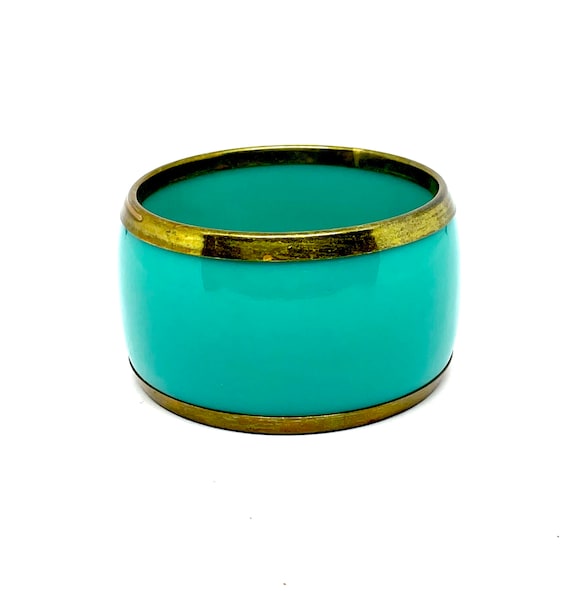 Turquoise/blue enamel and brass vintage bangle, 1… - image 1