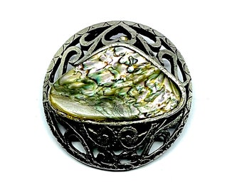 Large vintage scarf clip, 1980’s vintage silver tone ornate scarf clip, abalone shell circular scarf clip, gifts for her