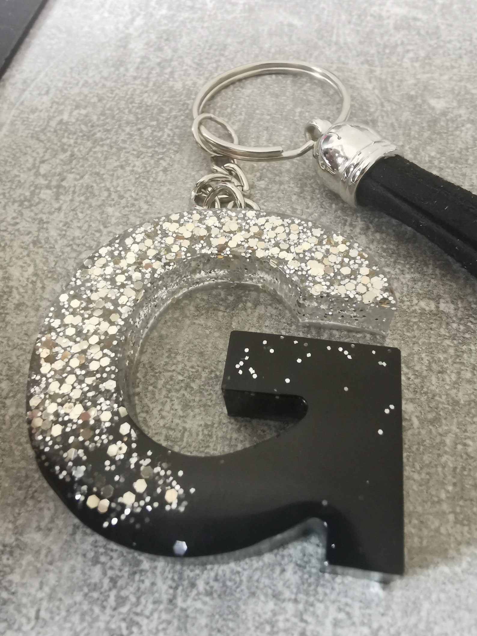 Black Resin/silver Glitter Letter Key Chain With Tassel Etsy