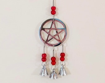 Pentacle Chrome Windchime Wind Chime Bells Hanging Bells with Beads Pentagram Windchime
