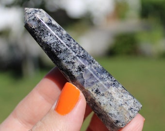 Iolite con punto dell'obelisco in mica nera La pietra dei pensieri puri Iolite e punto autoportante in mica nera, zaffiro acquatico, pietra cordierite