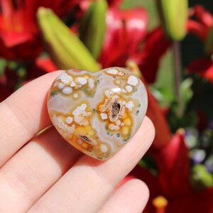 Flower Agate Puffy Heart, Polished Flower Agate Crystal Heart Gemstone, Flower Agate Mini Heart, Flower Blossom Agate Heart for Meditation