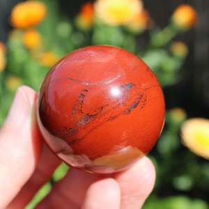 May include: A smooth, red jasper sphere with dark brown veins. The sphere is being held in a hand.