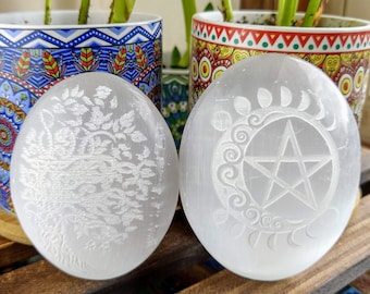 Celtic Tree of Life Carved Selenite Palm Stone, Pentacle Moon Phases Carved Selenite Palm Stone Selenite Crystal