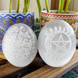 Celtic Tree of Life Carved Selenite Palm Stone, Pentacle Moon Phases Carved Selenite Palm Stone Selenite Crystal