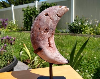 Pink Amethyst Crescent Moon on Metal Base, Druzy Crystal Moon, Amethyst Moon Geode Crystal Cluster Druse Palm Stone