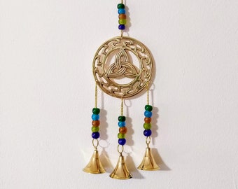 Celtic Triquetra Brass Windchime Wind Chime Bells Hanging Bells with Beads