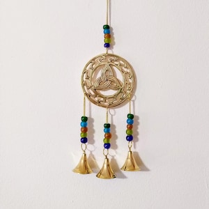 Celtic Triquetra Brass Windchime Wind Chime Bells Hanging Bells with Beads
