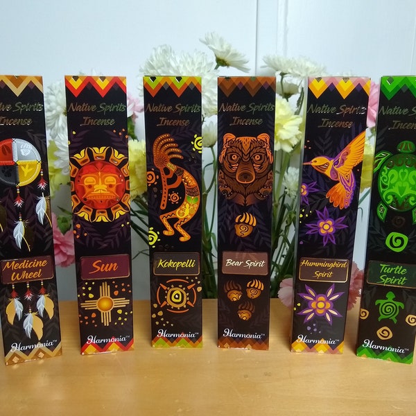 Native Spirits Incense Sticks Medicine Wheel, Sun, Kokopelli, Bear, Hummingbird, Turtle, Wolf Spirit, Dreamcatcher Protection, Shaman Vision