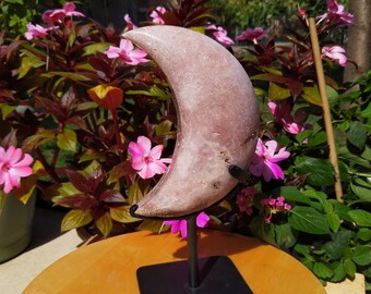 The Graceful Crystal Pink Amethyst Crystal Crescent Moon on Metal Base Pink Amethyst Moon with Druse