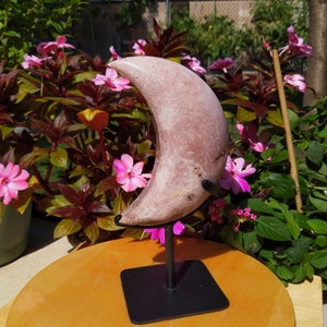 The Graceful Crystal Pink Amethyst Crystal Crescent Moon on Metal Base Pink Amethyst Moon with Druse