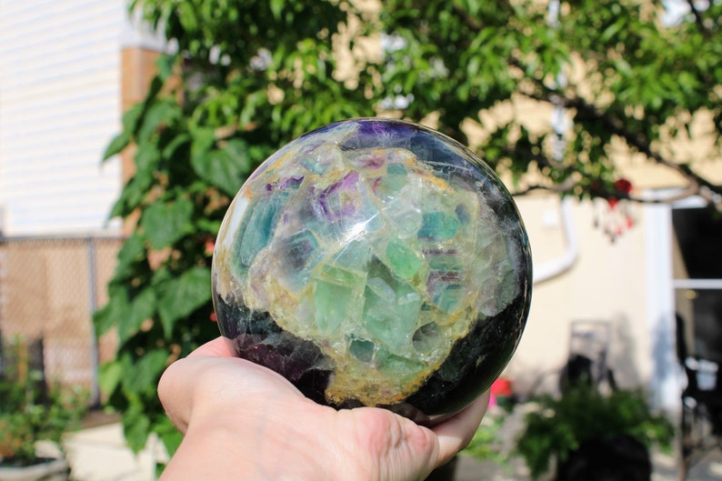 HUGE 4.75 inches Rainbow Fluorite Sphere Green Purple Fluorite Polished Orb Meditation Stone Multi Purpose Stone Gift 6.15Lbs XL 2790g image 3