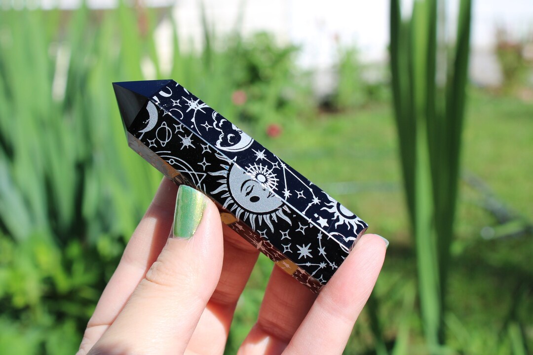 Etched Rocks Protection Black Obsidian Etched With Astrology Sacred Geometry Pattern, Black ...