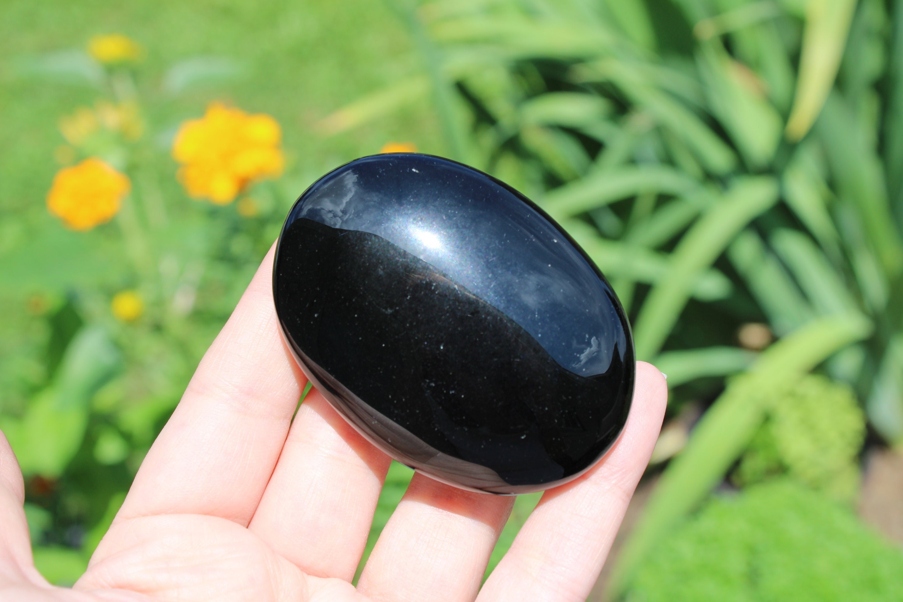 Black Obsidian Polished Palm Stone, the Shielding Crystal Natural