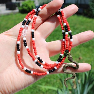 May include: A beaded necklace with red, white, and black beads. The necklace has a bronze-colored snake pendant. The necklace is held in a hand against a background of green grass and foliage.