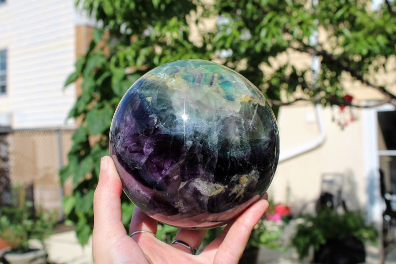 HUGE 4.75 inches Rainbow Fluorite Sphere Green Purple Fluorite Polished Orb Meditation Stone Multi Purpose Stone Gift 6.15Lbs XL 2790g image 2