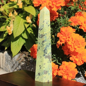 Retrieval of Wisdom Stone Green Serpentine  with Pyrite Crystal Obelisk Tower Point, Altar Crystal Healing Multi Faceted Crystal