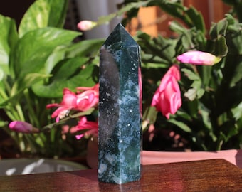 May include: A green and white agate crystal point with a faceted shape. The crystal is sitting on a wooden surface.