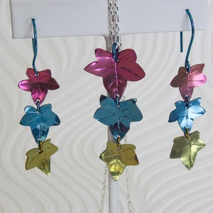 Anodized Maple Leaf Jewelry Set, Pink, Yellow and Blue Maple Leaf Earrings and Pendant, Beautiful Hypoallergenic Niobium, Long Drop Earrings