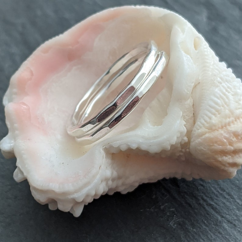 Set of 2 hammered stacking silver rings thin band hammer textured